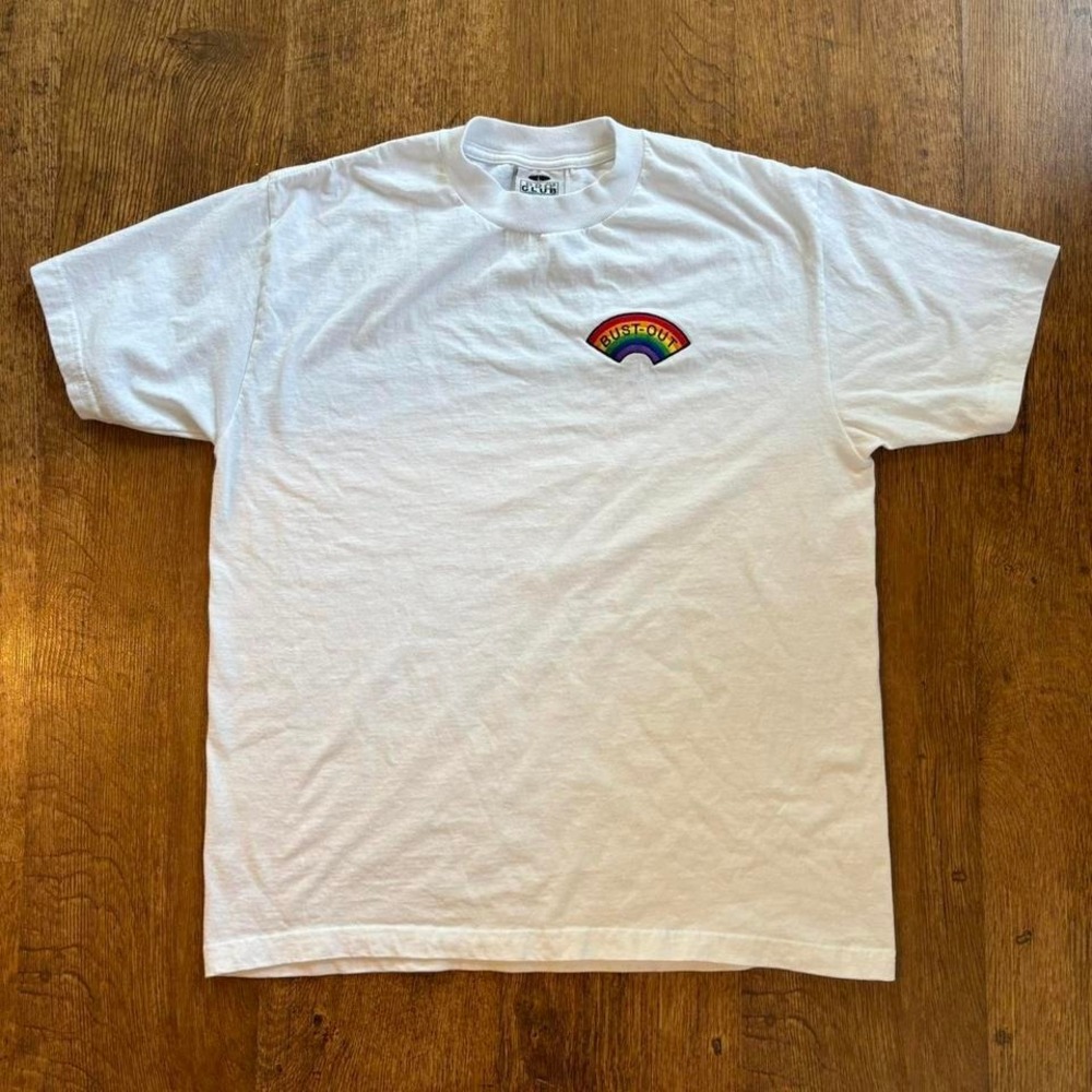 White "Bust Out" rainbow patch t-shirt. Pro Club Comfort tag